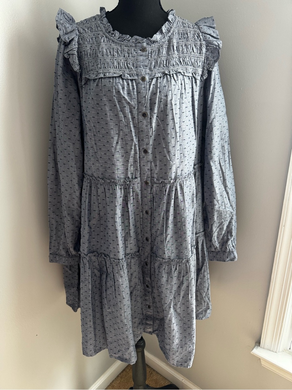 NWT Crown & Ivy Harbor Navy Dress Womens Size Large. Long Sleeves, Prairie Boho